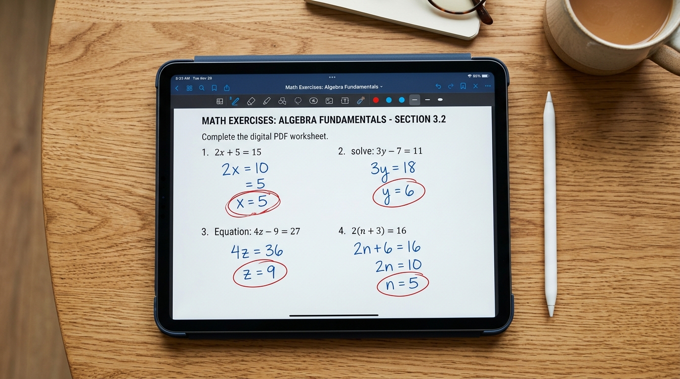 Tablette en cours d'annotation avec un stylet sur un document de mathématiques